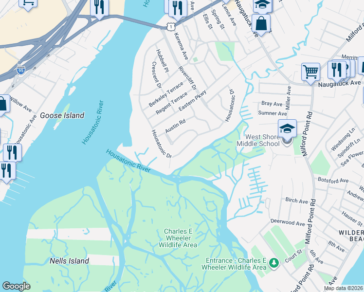 map of restaurants, bars, coffee shops, grocery stores, and more near 300 Housatonic Dr in Milford