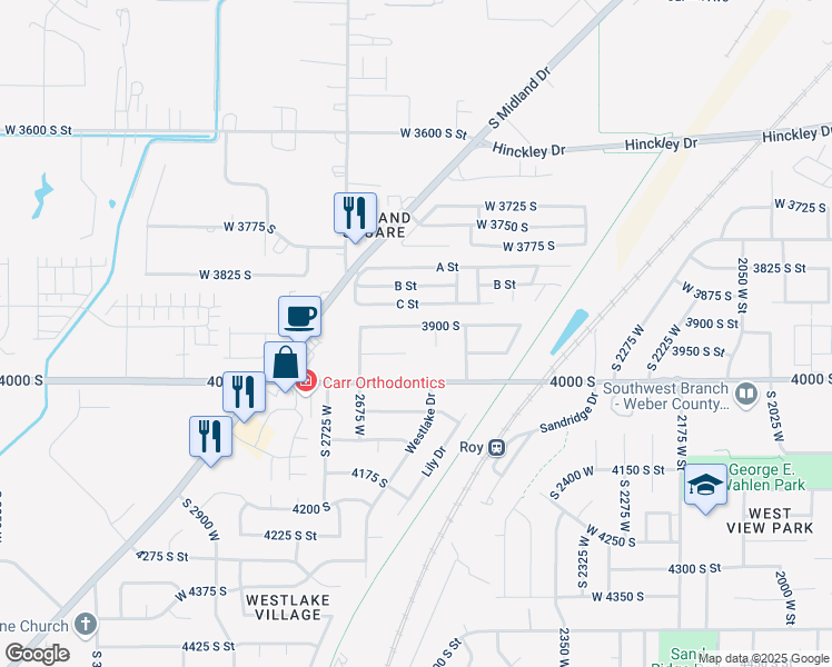 map of restaurants, bars, coffee shops, grocery stores, and more near 2602 West 3950 South in Roy