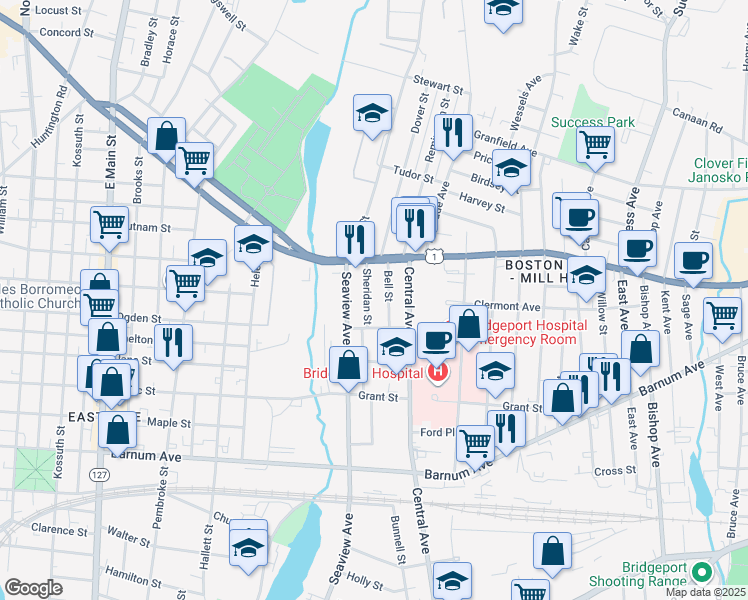 map of restaurants, bars, coffee shops, grocery stores, and more near 220 Sheridan Street in Bridgeport