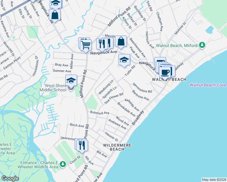 map of restaurants, bars, coffee shops, grocery stores, and more near 26 Spindrift Lane in Milford