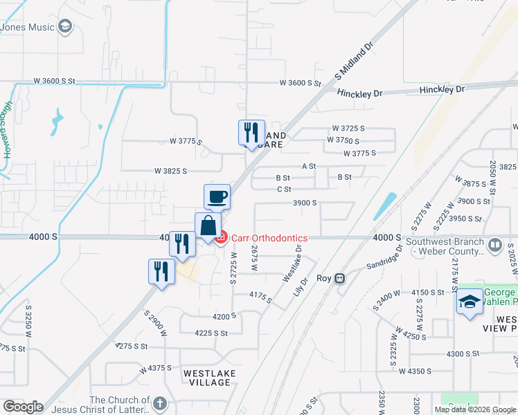 map of restaurants, bars, coffee shops, grocery stores, and more near 2673 3900 South in Roy