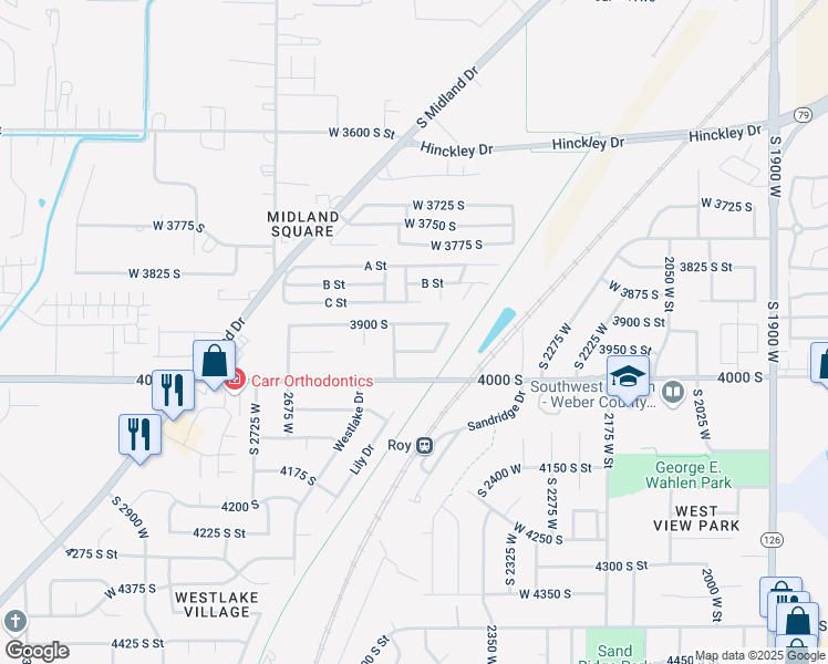 map of restaurants, bars, coffee shops, grocery stores, and more near 2574 West 3950 South in Roy
