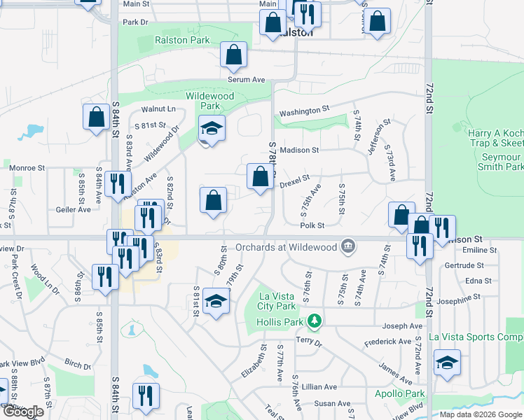 map of restaurants, bars, coffee shops, grocery stores, and more near 6880 South 78th Street in Ralston