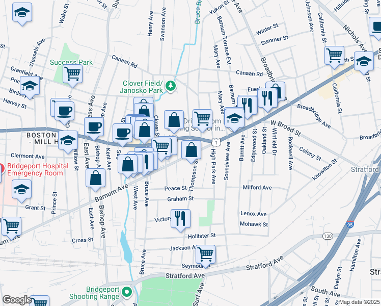 map of restaurants, bars, coffee shops, grocery stores, and more near 480 Thompson Street in Stratford
