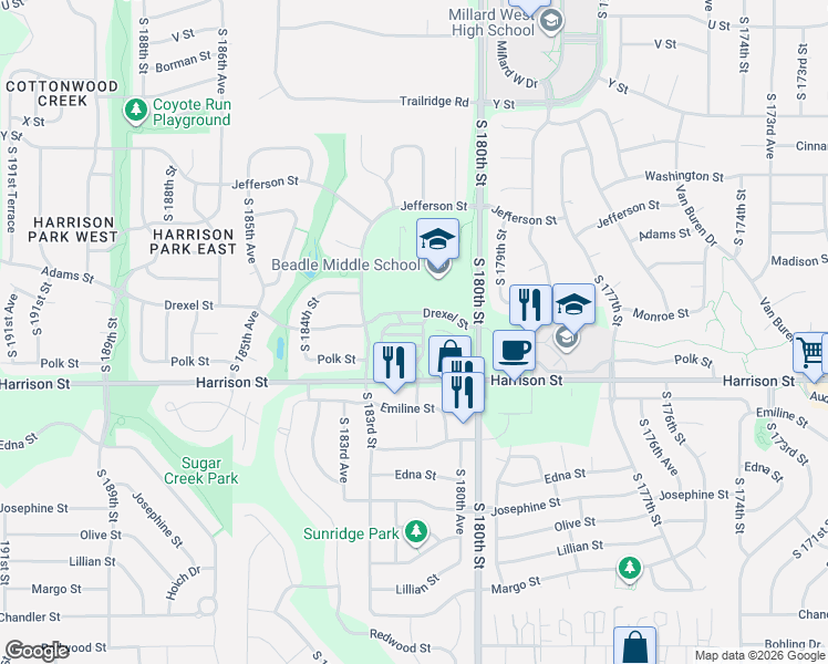 map of restaurants, bars, coffee shops, grocery stores, and more near 18160 Hayes Court in Omaha