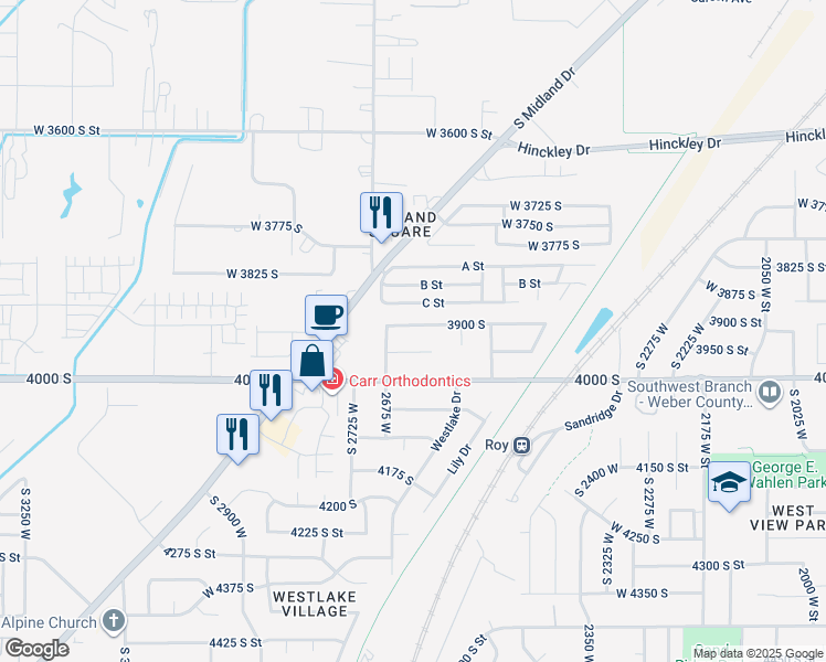 map of restaurants, bars, coffee shops, grocery stores, and more near 2643 3900 South in Roy
