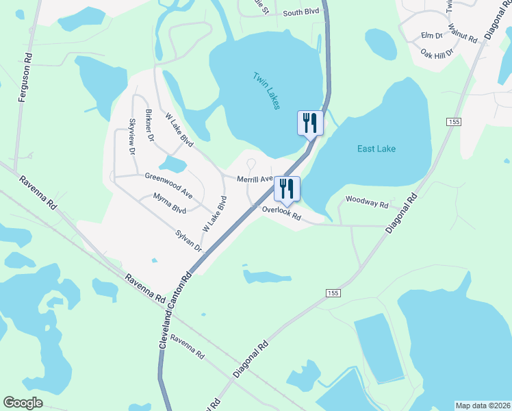 map of restaurants, bars, coffee shops, grocery stores, and more near Cleveland Canton Rd & Overlook Rd in Kent