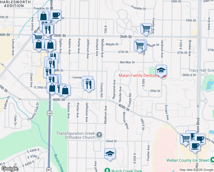 map of restaurants, bars, coffee shops, grocery stores, and more near 3925 Madison Avenue in South Ogden