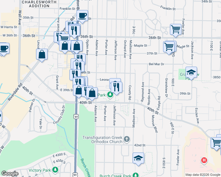 map of restaurants, bars, coffee shops, grocery stores, and more near 585 39th Street in South Ogden