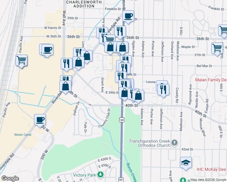 map of restaurants, bars, coffee shops, grocery stores, and more near 3945 Washington Boulevard in South Ogden