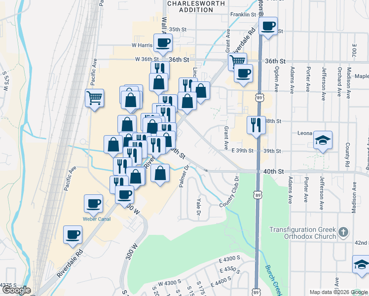 map of restaurants, bars, coffee shops, grocery stores, and more near 153 40th Street in South Ogden