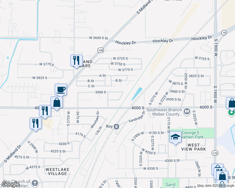 map of restaurants, bars, coffee shops, grocery stores, and more near 2574 West 3950 South in Roy