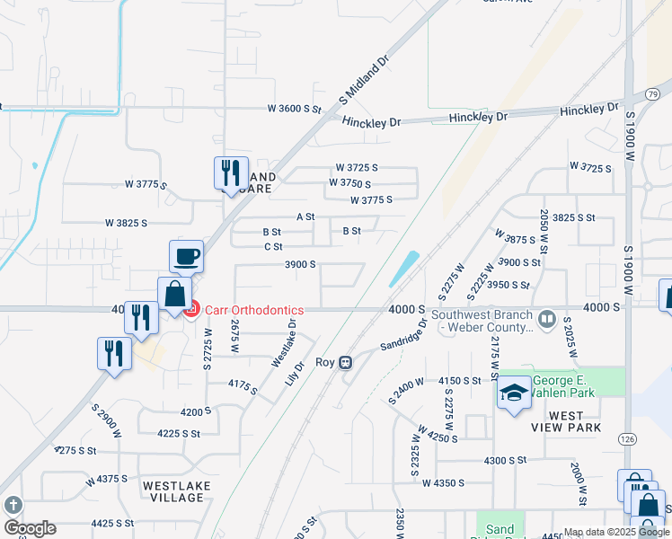 map of restaurants, bars, coffee shops, grocery stores, and more near 2574 West 3950 South in Roy