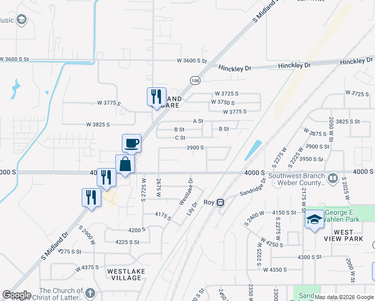map of restaurants, bars, coffee shops, grocery stores, and more near 2602 West 3950 South in Roy