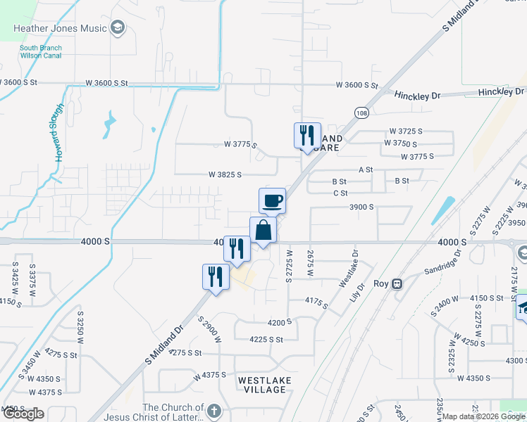 map of restaurants, bars, coffee shops, grocery stores, and more near 63 West 3965 South in West Haven