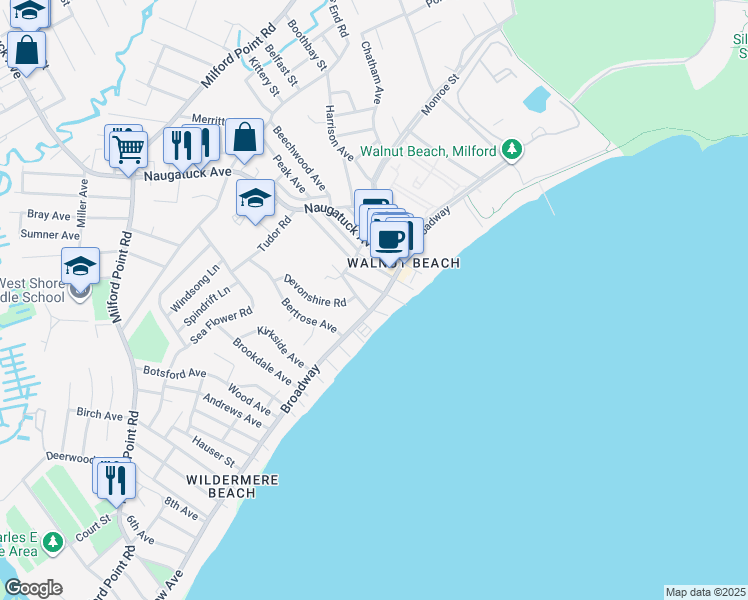map of restaurants, bars, coffee shops, grocery stores, and more near 16 Stowe Avenue in Milford