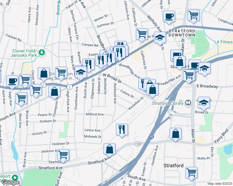 map of restaurants, bars, coffee shops, grocery stores, and more near 260 Rockwell Avenue in Stratford
