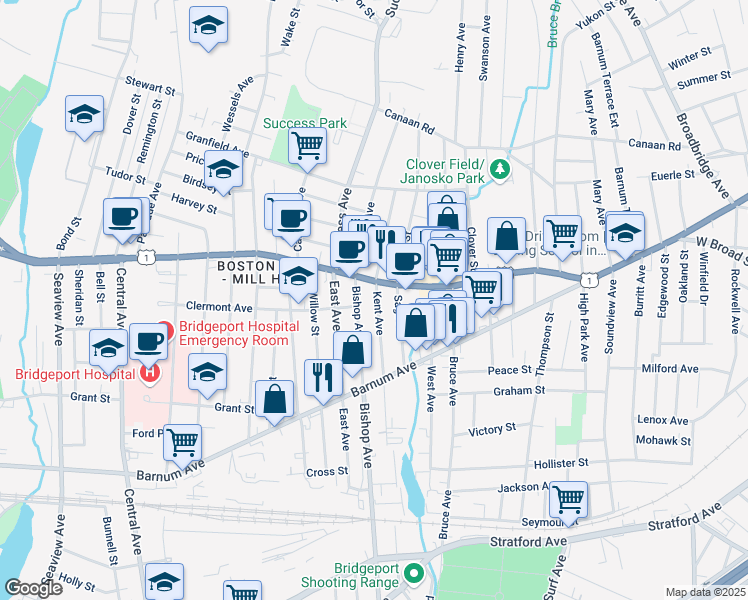 map of restaurants, bars, coffee shops, grocery stores, and more near 132 Kent Avenue in Bridgeport