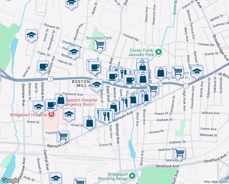 map of restaurants, bars, coffee shops, grocery stores, and more near 400 East Avenue in Bridgeport