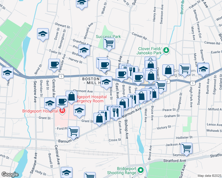 map of restaurants, bars, coffee shops, grocery stores, and more near 292 Clermont Avenue in Bridgeport