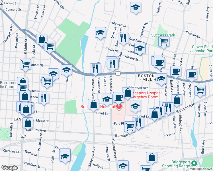 map of restaurants, bars, coffee shops, grocery stores, and more near 19 Bell Street in Bridgeport