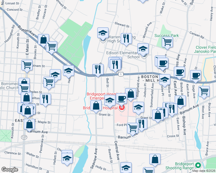 map of restaurants, bars, coffee shops, grocery stores, and more near 19 Bell Street in Bridgeport