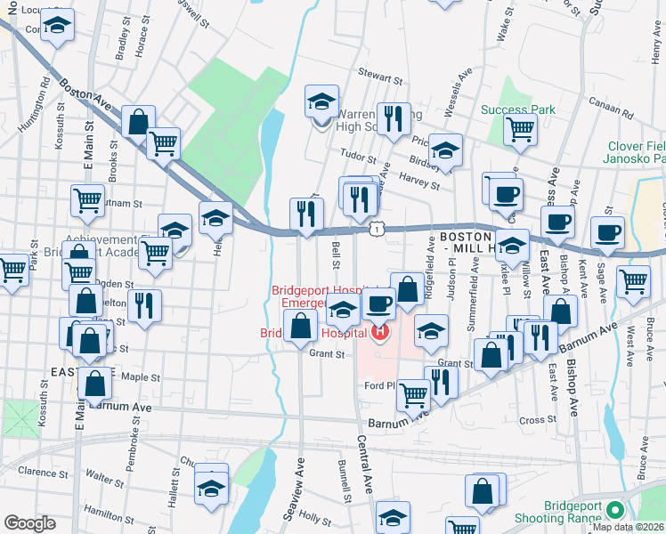 map of restaurants, bars, coffee shops, grocery stores, and more near 19 Bell Street in Bridgeport