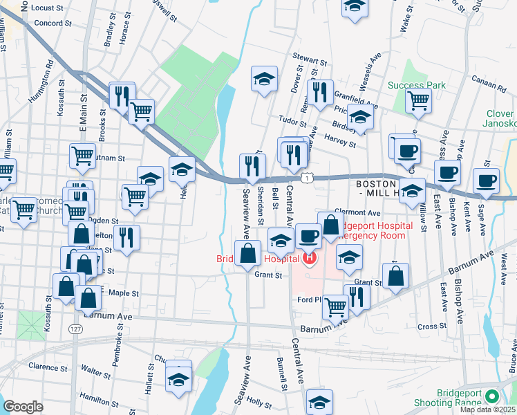 map of restaurants, bars, coffee shops, grocery stores, and more near 2084 Seaview Avenue in Bridgeport