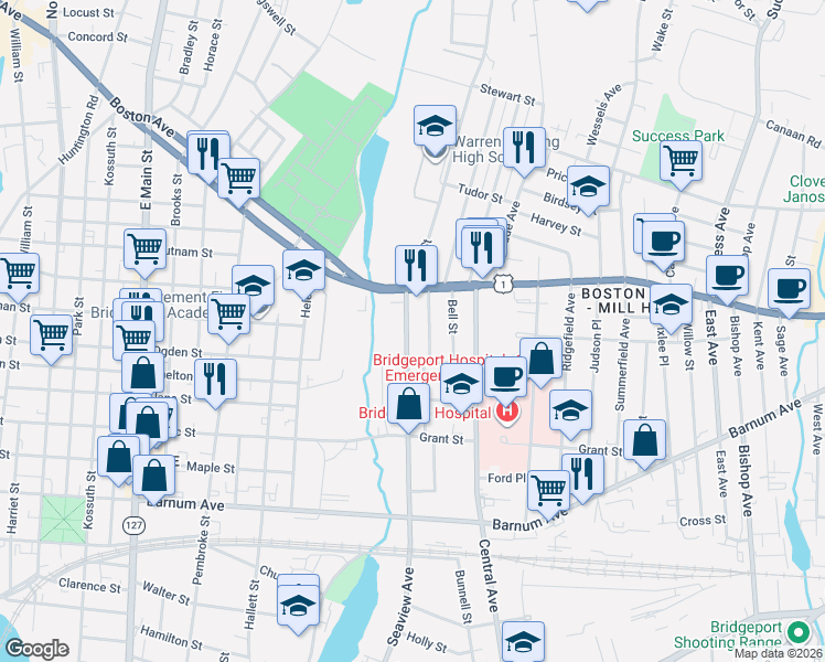 map of restaurants, bars, coffee shops, grocery stores, and more near 2084 Seaview Avenue in Bridgeport