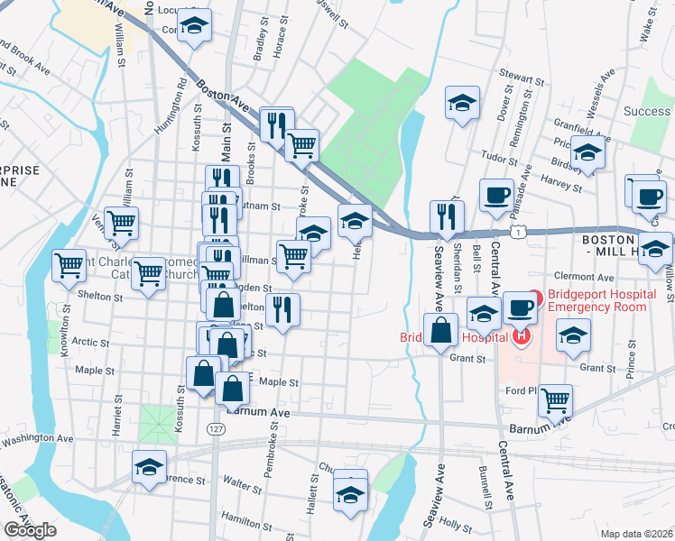 map of restaurants, bars, coffee shops, grocery stores, and more near 785 Ogden Street in Bridgeport