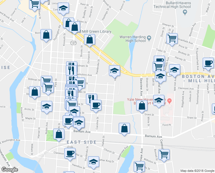map of restaurants, bars, coffee shops, grocery stores, and more near 713 Ogden Street in Bridgeport