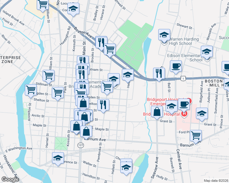 map of restaurants, bars, coffee shops, grocery stores, and more near 713 Ogden Street in Bridgeport