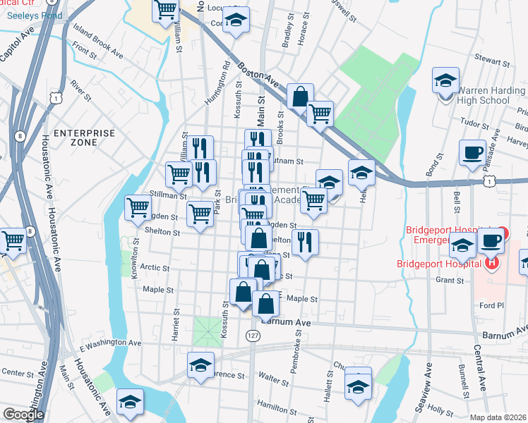 map of restaurants, bars, coffee shops, grocery stores, and more near 1228 East Main Street in Bridgeport