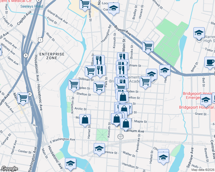 map of restaurants, bars, coffee shops, grocery stores, and more near 292 Ogden Street in Bridgeport
