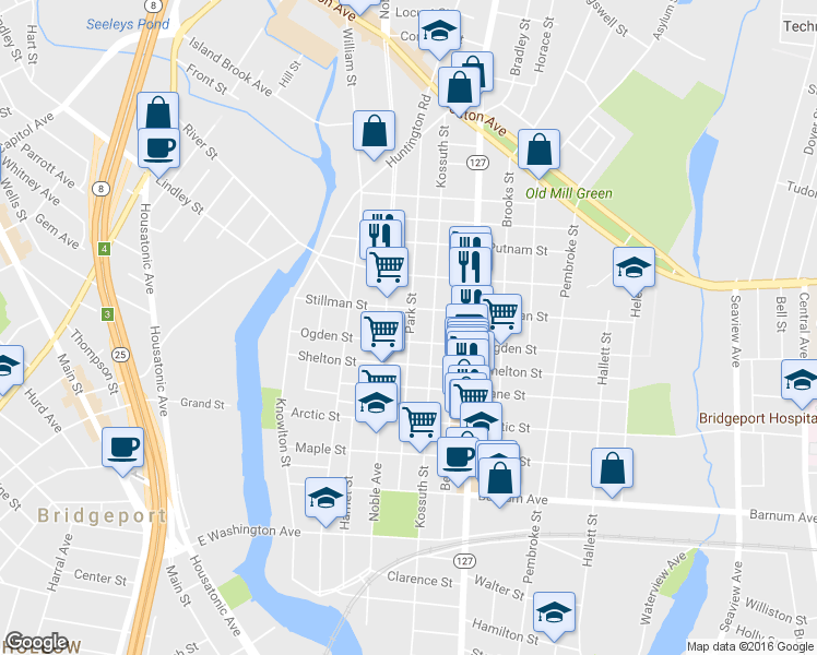map of restaurants, bars, coffee shops, grocery stores, and more near 292 Ogden Street in Bridgeport