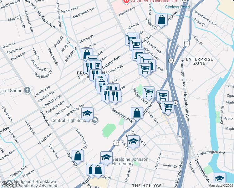 map of restaurants, bars, coffee shops, grocery stores, and more near 240 Alice Street in Bridgeport