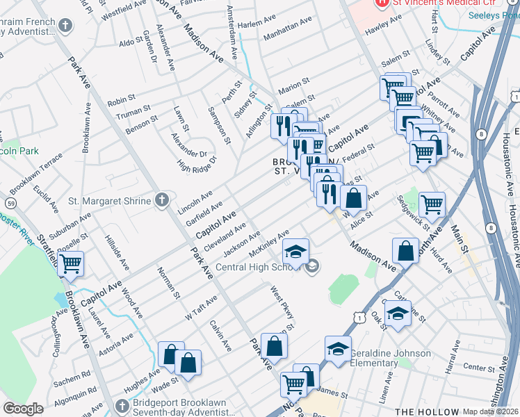 map of restaurants, bars, coffee shops, grocery stores, and more near 235 Cleveland Avenue in Bridgeport