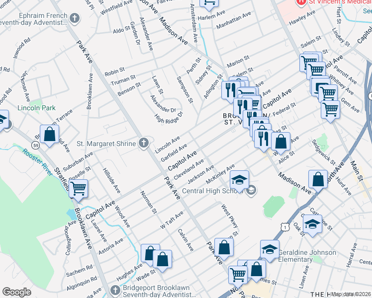 map of restaurants, bars, coffee shops, grocery stores, and more near 1175 Capitol Avenue in Bridgeport