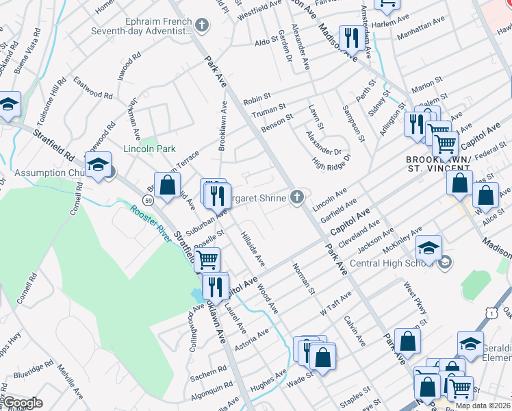 map of restaurants, bars, coffee shops, grocery stores, and more near 29 Bick Terrace in Bridgeport
