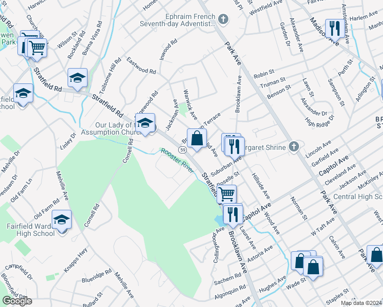 map of restaurants, bars, coffee shops, grocery stores, and more near 369 Stratfield Road in Fairfield
