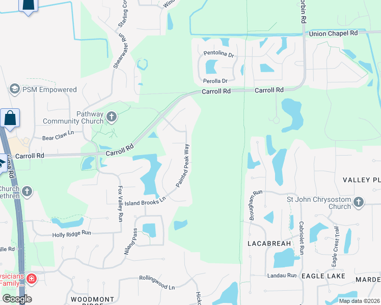 map of restaurants, bars, coffee shops, grocery stores, and more near Interbay Way in Fort Wayne