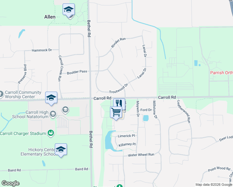 map of restaurants, bars, coffee shops, grocery stores, and more near 3205 Troutwood Drive in Fort Wayne