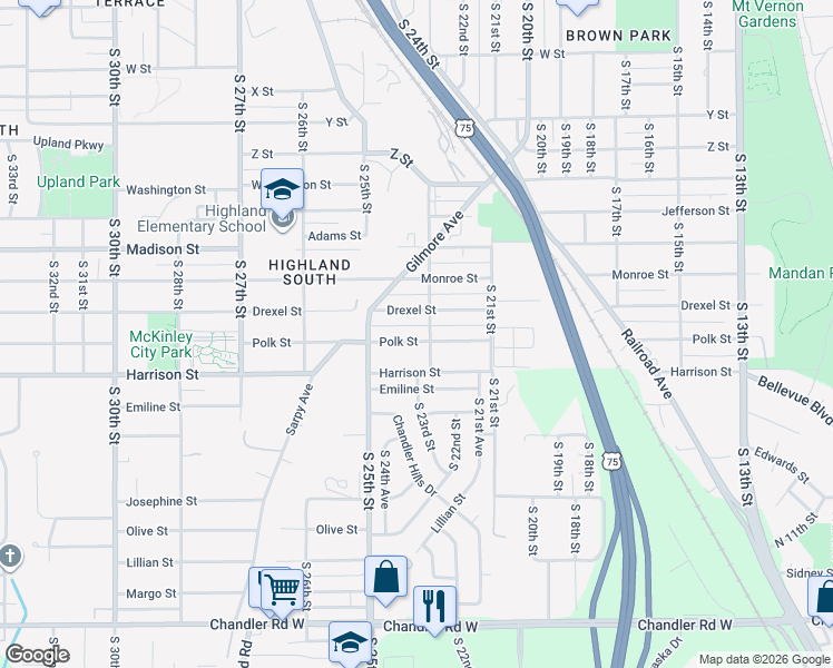 map of restaurants, bars, coffee shops, grocery stores, and more near 2307 Polk Street in Omaha