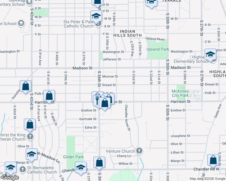 map of restaurants, bars, coffee shops, grocery stores, and more near 3509 Polk Street in Omaha
