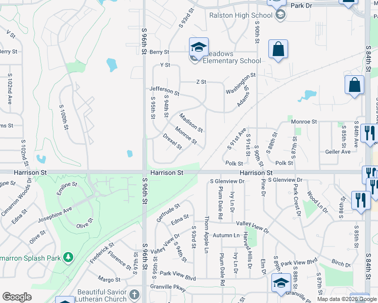 map of restaurants, bars, coffee shops, grocery stores, and more near 6711 South 93rd Street in Omaha