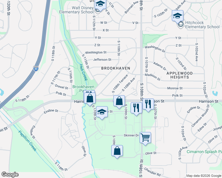 map of restaurants, bars, coffee shops, grocery stores, and more near 10868 Polk Street in Omaha