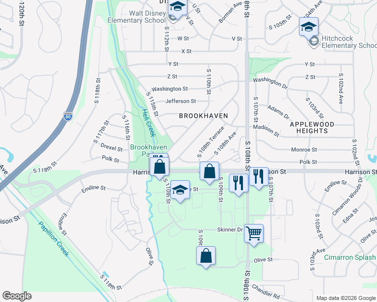 map of restaurants, bars, coffee shops, grocery stores, and more near 10899 Polk Street in Omaha