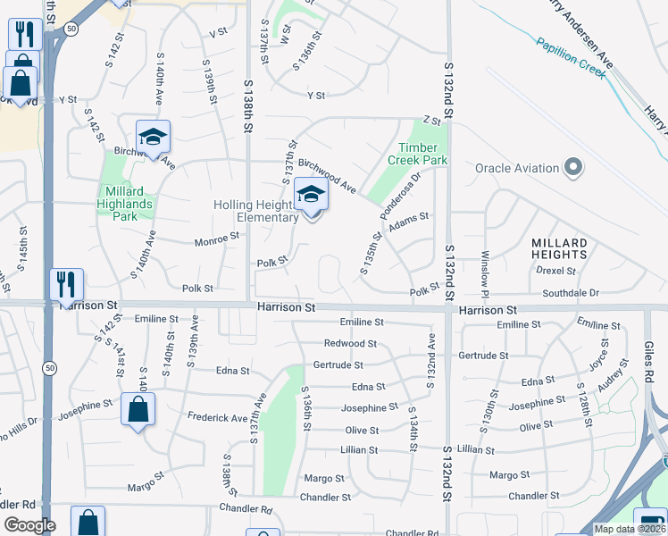map of restaurants, bars, coffee shops, grocery stores, and more near 6805 South 135th Avenue in Omaha