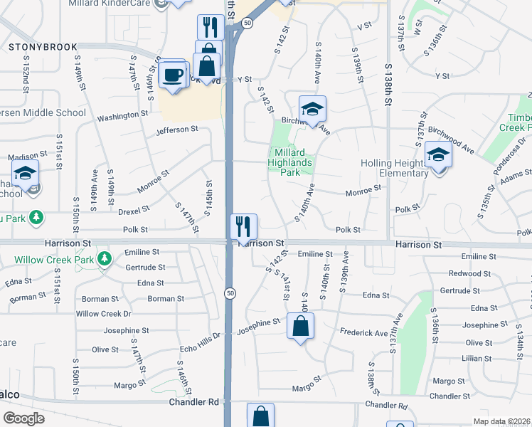 map of restaurants, bars, coffee shops, grocery stores, and more near 14222 Polk Circle in Omaha