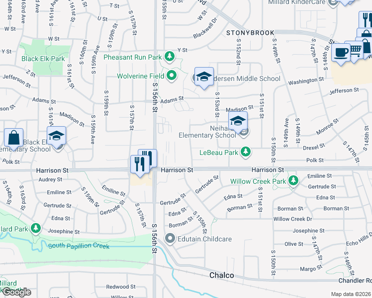 map of restaurants, bars, coffee shops, grocery stores, and more near 15506 Harrison Street in Omaha